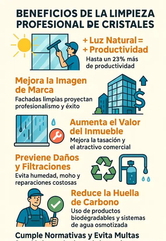 Beneficios de contratar servicios profesionales para la limpieza de fachadas de vidrio infografía