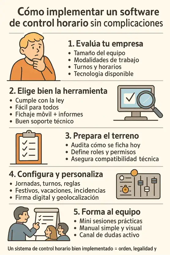 Cómo implementar un software de control horario infografía