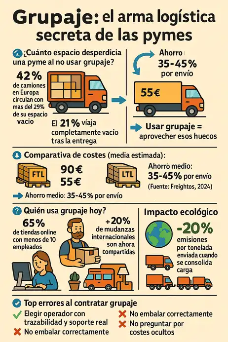 Ventajas del grupaje frente al envío tradicional para pymes infografía