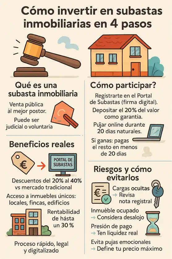 cómo invertir en subastas inmobiliarias en 4 pasos infografía