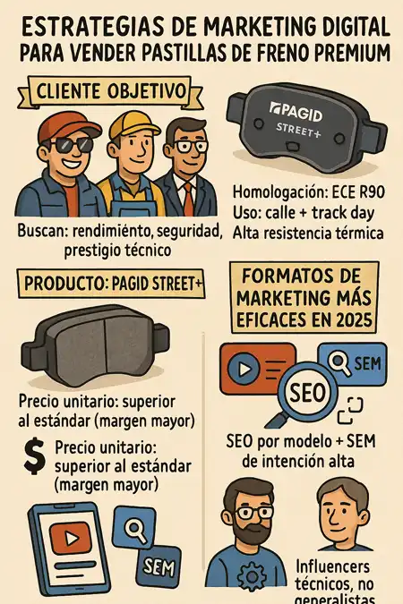 Estrategias de marketing digital para vender pastillas de freno premium en el mercado español infografía