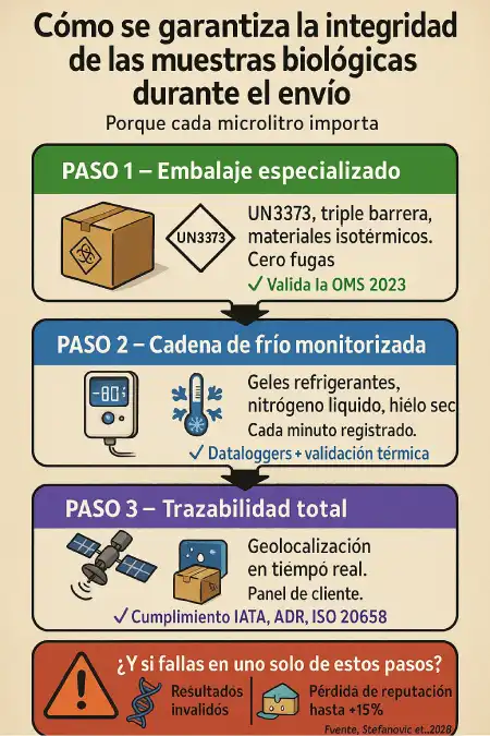 cómo se garantiza la integridad de las muestras biológicas durante el envío infografía