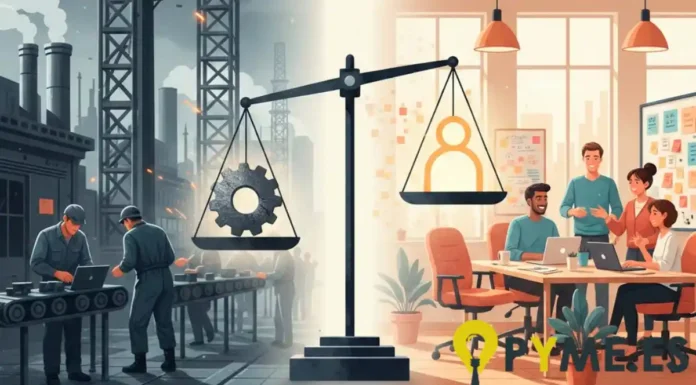 Contraste entre la gestión clásica y las relaciones humanas: organizaciones que equilibran estructura y gente.