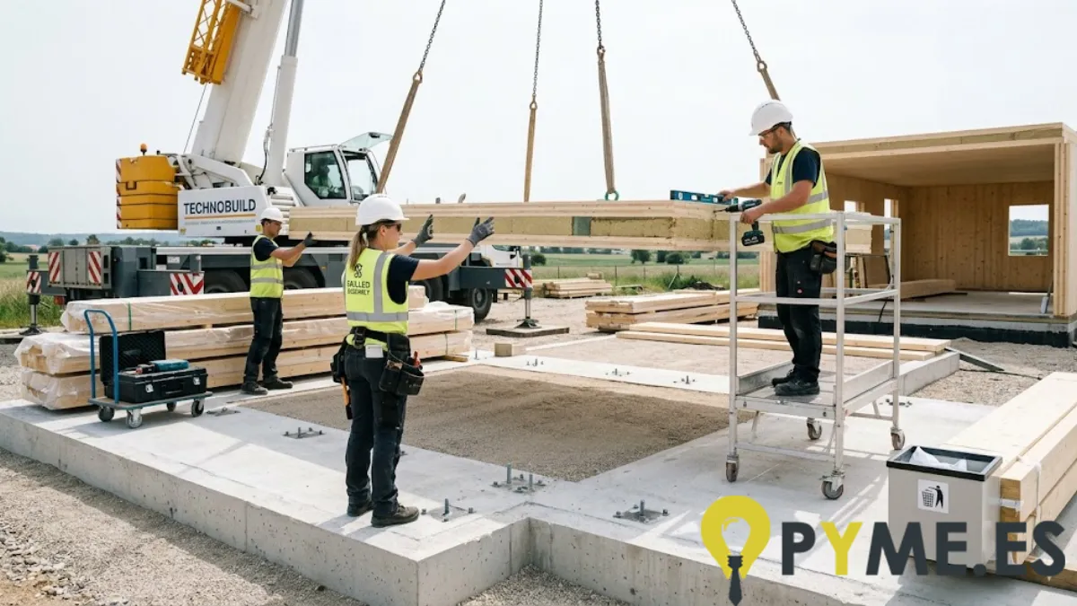 montaje de estructura de una casa prefabricada en parcela