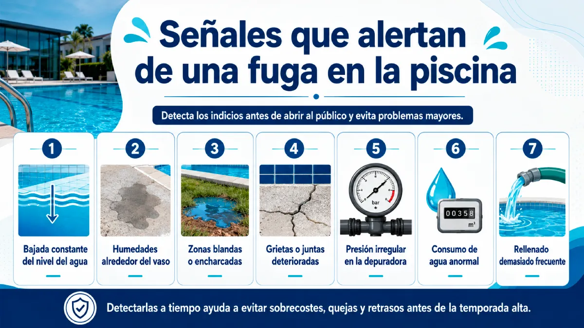 señales para detectar fugas de agua en piscinas antes de abrir al público