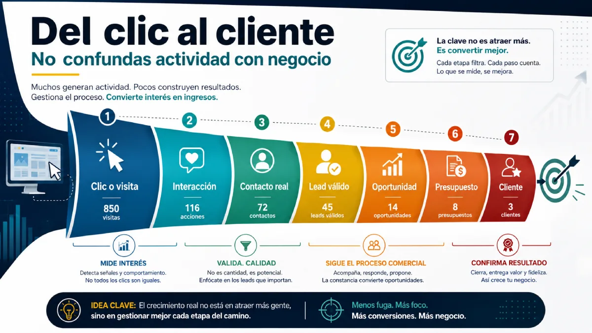 del clic al cliente, no confundas actividad con negocio infografía